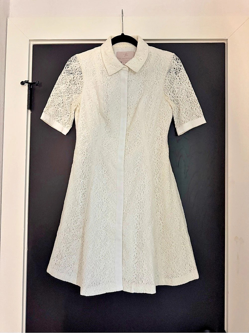 Gal Meets Glam Collection Size 4 Ivory Lace Fit & Flare Collared Dress